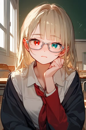 (score_9,score_8_up,score_7_up,score_6_up,score_5_up,score_4_up), anime, female, heterochromia, pale skin, blonde, glasses, sitting, school_uniform, thin silver glasses, 