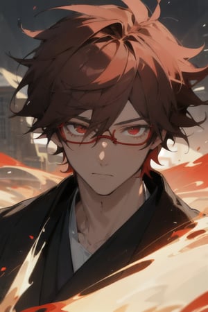  masterpiece, best quality, high quality, highres, official art, extremely detailed, ultra detailed, absurdres, detailed eyes, ((male, 1boy)), red hair, school, anime, slender, red eyes, scenery, background, glasses, messy hair with bangs,