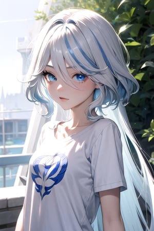 (masterpiece, best quality), (detailed), pale skin, white hair with blue streaks, female, slender, petite, modern, ((blue eyes, heterochromia)), t-shirt, college, long hair, 