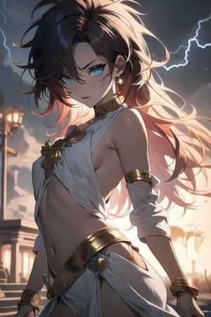 manga, anime, illustration, digital art, (masterpiece, best quality:1.2), (ultra detailed),(illustration), wallpaper, original, female, long black and red hair, messy hair, greek_mythology, white chiton, long hair, wrath, lithe, athletic figure, midjourney, greek clothes, stormy blue eyes, piercing eyes, multicolored_hair, lightning,