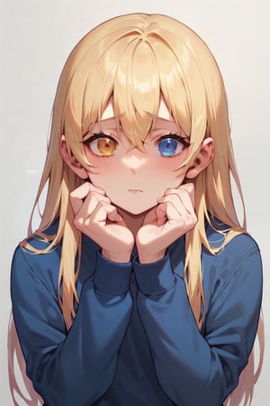 score_9, score_8_up, score_7_up, score_6_up, BREAK source_anime, female, seldner , shy girl, long blonde hair, pretty, nerdy, heterochromia, blue and amber eyes, baggy clothing, make-up, hourglass_figure, masterpiece, best quality, more flesh, round face, 