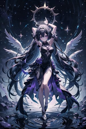 cartoon, anime, illustration, digital art, background, (masterpiece, best quality), background, detailed, anime, female, long hair, breasts,, eldritch, long hair, lithe body, athletic body, princess, textured hair, highly detailed, eldritch horror, horror, god-like person, stars, pool of stars, honkai (series), looking at viewer, bangs, black hair, dress, bare shoulders, very long hair, full body, elbow gloves, black dress, halo, large circle halo behind head,  floating, absurdly long hair, large circle behind head, halo, long hair, honkai (series), long gown, purple hands, floating above, black and white hair, arms fading into black hands, gown, dress, skirts, long_sleeves, long gown,