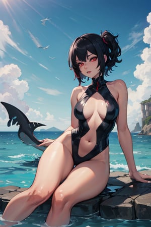 (masterpiece, best quality, highres:1.3), ultra resolution image, (1girl), (solo), female, piercing, shark girl, shark tail, fins, fish tail, (red eyes:1.3),  spot below left eye, thick thighs, grey shark tail,ellen joe, black hair, sitting, college, (clothing),