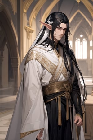 ((best quality)), ((masterpiece)), ((detailed)), long hair, (black hair) with white streaks, elven_ears, male, tall, king, regal, stoic expression, 