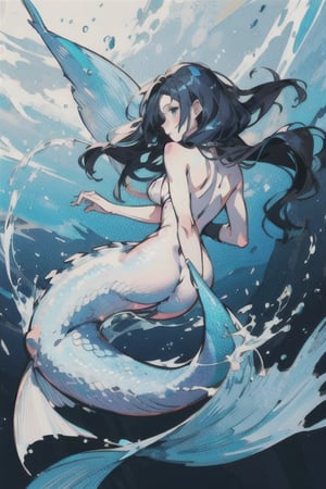 manga, anime, illustration, digital art, (masterpiece, best quality), female, slender, Great White Shark, Great White Shark Mermaid, (dark blue hair), long and flowing hair that often getting tangled in seaweed and coral, piercing blue eyes, pale skin, body is covered in intricate swirling patterns of darker blue and white, great white shark, a shimmering tail with a powerful caudal fin and dorsal fins running along her back, scales, scales on arms, fins, mermaid, fins along back, 