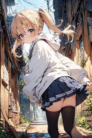 ((masterpiece)), ultra detailed, best quality, illustration, Beautiful eyes, detailed, background, scenery, stunning eyes, female, 1girl, slender, petite, creamy skin, cute, blonde hair, detailed hair, pig tails, skirt, white baggy hoodie,rinrinne, school_girl, thighhigh socks, seifuku