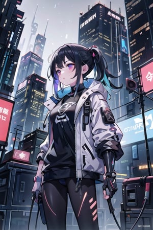 artoon, anime, illustration, digital art, background, (masterpiece, best quality), background, female, cyberpunk, black hair, multicolored_hair, augmented_body, cybernetics, lone female in a cyberpunk city, jacket, cyborg,robotskin, Mechanical modifications,