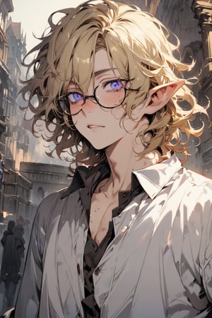 ((masterpiece)), ultra detailed, best quality, aesthetic, illustration, Beautiful eyes, detailed, background, stunning eyes, blonde hair, messy wavy hair, 1boy, male, nerdy, lean body, glasses, bruises, short hair, long bangs, deep blue eyes, purple eyes, vampire, pointed elven ears, freckled nose,