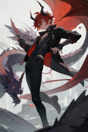 (masterpiece, best quality, highres:1.3), ultra resolution image, male, red hair, purple eyes, slit eyes, dragon, demi human, dragon_horns, dragon_boy, dragon_tail, tails, two tails, black horns, tall, slender,