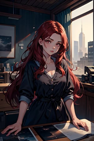 (masterpiece, best quality, highres:1.3), ultra resolution image, female, petitie, dark red hair, long hair, pretty, slender, modern day,  ,DonM0m3g4