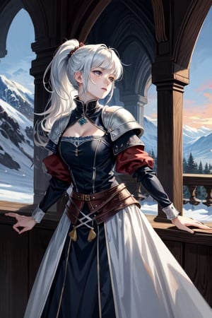 ((best quality)), ((masterpiece)), (detailed), scenery, pale skin, tomboy, (medieval), princess, ice, white hair, athletic, knight, long_ponytail, hourgrass, ice magic, 