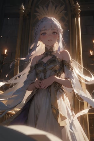 (beauty girl), (ultra-high picture quality), (masterpiece, best quality, highres:1.3), ultra resolution image, (1girl), (solo), female, Game of Thrones, purple eyes, silver-gold hair, flowing gown, slender, atheltic, delicate yet regal face with high cheekbones, a small nose, Velaryon,