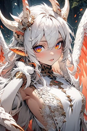 ((masterpiece)), ultra detailed, best quality, illustration, Beautiful eyes, detailed, background, stunning eyes, female, winged, white scales, crimson underbelly, horns, white hair, claws, large wings, detailed scales, anthro, 