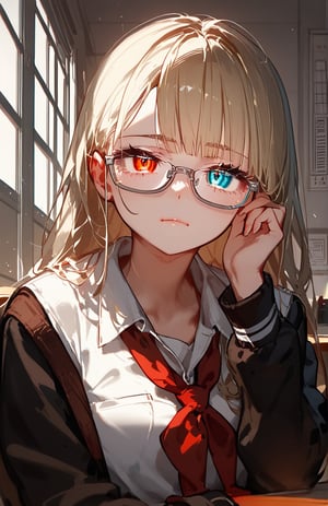 (score_9,score_8_up,score_7_up,score_6_up,score_5_up,score_4_up), anime, female, heterochromia, pale skin, blonde, glasses, sitting, school_uniform, thin silver glasses,Expressiveh,concept art,dark theme