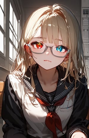 (score_9,score_8_up,score_7_up,score_6_up,score_5_up,score_4_up), anime, female, heterochromia, pale skin, blonde, glasses, sitting, school_uniform, thin silver glasses,Expressiveh,concept art,dark theme