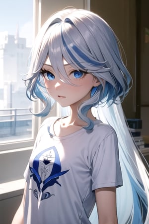 (masterpiece, best quality), (detailed), pale skin, white hair with blue streaks, female, slender, petite, ((blue eyes, heterochromia)), t-shirt, college, long hair, gamer, jacket, flat chet,