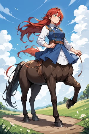 score_9_up, score_9, score_8_up, score_8, score_7, score_7_up, score_6_up, score_5_up, score_4_up, source_anime, BREAK, female, red hair, shire horse, large horse, black fur, red hair, centaur, Centaur, large hooves, black centaur, white feet, large feet, battlehorse, black horse tail, (black horse),