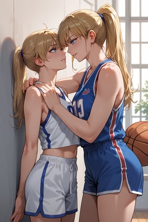  score_9_up, score_9, score_8_up, score_8, score_7, score_7_up, score_6_up, score_5_up, BREAK source_anime, 2girls, female, illustration, Beautiful eyes, detailed, extremely detailed, stunning eyes, blue eyes, blonde hair, long hair, ponytail, tomboy, basketball, against wall, kabedon, taller basketball player, biting lips, pinning cherleader to wall,