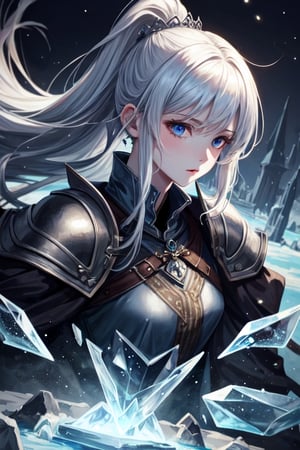 ((best quality)), ((masterpiece)), (detailed), scenery, pale skin, tomboy, (medieval), princess, ice, white hair, athletic, knight, long_ponytail, hourglass, ice magic, icemagicAI, portrait