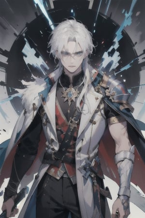 (masterpiece, best quality, highres:1.3), ultra resolution image, (1guy), (solo), male, scarred, magic, handsome, handsome, powerful figure, white hair, shoulder length hair,1guy, scarred face, clawed face, scars,Detailedface, ice blue eyes, scabbard, lightningmagicAI,
