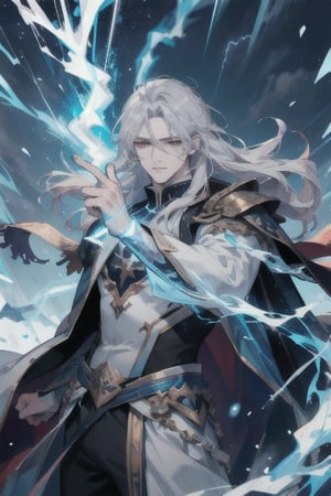 (masterpiece, best quality), (detailed), male, scarred, magic, handsome, handsome, powerful figure, black and grey hair, long hair, icemagicAI, firemagicAI, lightningmagicAI