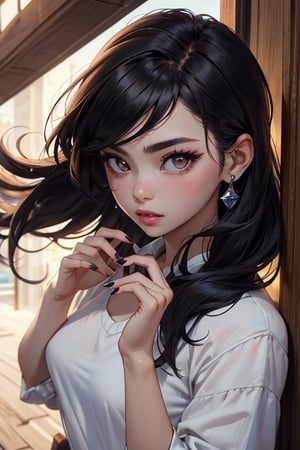 ((masterpiece)), ((ultra detailed)), (ultra quality), (very_high_resolution), scenery, pale skin, black hair, long hair, big eyes, brown eyes, painted nails, beauty, thin eyebrows, korean, Full lips, Small breasts, Short and petite, college