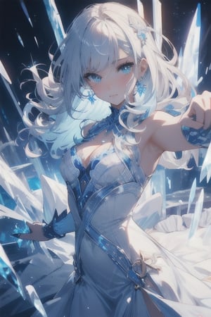 {{masterpiece}}, {{ultra detailed}}, {ultra quality}, {dramatic shadows}, {cinematic lighting}, intricate expression, ice princess, blue-white hair set in perfect princess curls. blue-white eyes, dress, athletic, button nose, slender, pale skin, creamy skin, C-cup,midjourney