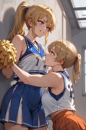  score_9_up, score_9, score_8_up, score_8, score_7, score_7_up, score_6_up, score_5_up, BREAK source_anime, female, illustration, Beautiful eyes, detailed, extremely detailed, stunning eyes, blue eyes, blonde hair, long hair, ponytail, tomboy, basketball, gritting teeth, 2girls. against wall, kabedon, cheerleader,