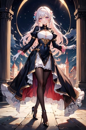 (masterpiece, best quality, highres:1.3), ultra resolution image, female, beautiful, long hair, dress, fantasy, medieval, pure white hair, slender, heels, silk white gloves, black pantyhose, princess, star,  ((Light blue and pink eyes)), starlight, glowing eyes, luminescent,