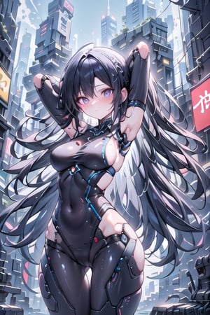 artoon, anime, illustration, digital art, background, (masterpiece, best quality), background, female, cyberpunk, black hair, (multicolored_hair), augmented_body, ((cybernetics)), jacket, cyborg,robotskin,  highly detailed, textured hair, bangs, leggings, port on her neck,cyber_mark, casual clothes, arms, rolled up sleeves, t-shirt,NJI BEAUTY,robot_skin