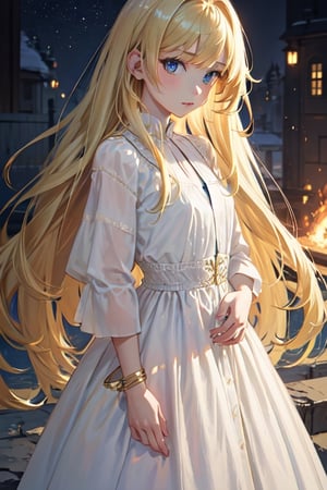 ((masterpiece)), ((ultra detailed)), (ultra quality), (very_high_resolution), realistic, golden blonde hair, blue eyes, pale skin, peasant, petite, dress, simple dress, 