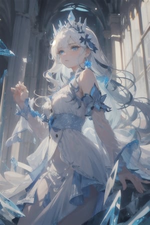 {{masterpiece}}, {{ultra detailed}}, {ultra quality}, {dramatic shadows}, {cinematic lighting}, intricate expression, ice princess, blue-white hair set in perfect princess curls. blue-white eyes, athletic, button nose, slender, pale skin, 