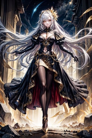 (masterpiece, best quality, highres:1.3), ultra resolution image, female, beautiful, long hair, dress, fantasy, medieval, white hair, golden eyes, young lady, slender, starlight, gold eyes, yellow eyes, heels, silk gloves, black pantyhose,Detailedface