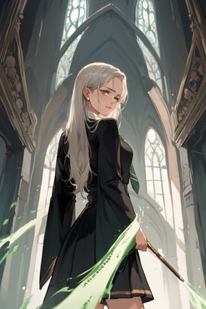 score_9_up, score_9, score_8_up, score_8, score_7, score_7_up, score_6_up, score_5_up, score_4_up, female, illustration, beautiful, cinematic, harry potter, slytherin, green and silver tie, black robes, skirt, platinum blonde hair, long hair,BREAK,source_anime