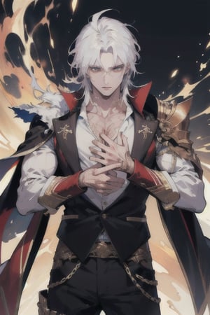 (masterpiece, best quality, highres:1.3), ultra resolution image, (1guy), (solo), male, scarred, magic, handsome, handsome, powerful figure, white hair, shoulder length hair,1guy, scarred face,