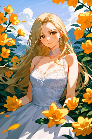 score_9_up, score_9, score_8_up, score_8, score_7, score_7_up, score_6_up, score_5_up, score_4_up, female, illustration,  beautiful, cinematic, dress, long hair, blonde hair, pale skin, brown eyes. bratty, hourglass figure, regal appearance, earrings, rich,, BREAK,source_anime,