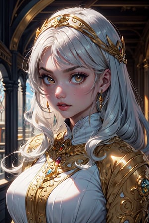 ((masterpiece)), ((ultra detailed)), (ultra quality), (very_high_resolution), realistic, scenery, pale skin, circlet, jewelery, bangs, straigh curly hair, long_silver_hair, medieval style, ornate clothing, hair_accessories, golden yellow eyes, bright_pupils, big eyes,