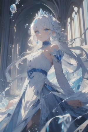 {{masterpiece}}, {{ultra detailed}}, {ultra quality}, {dramatic shadows}, {cinematic lighting}, intricate expression, princess, blue white hair set in perfect princess curls. blue white eyes, athletic, button nose, slender, pale skin ,portrait,illustration, royalty, icicles, ice, frost, 