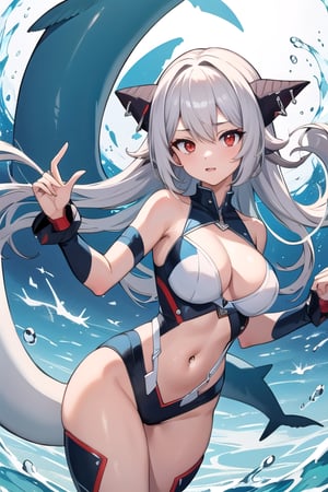 (masterpiece, best quality, highres:1.3), ultra resolution image, (1girl), (solo), female, piercing, shark girl, shark tail, fins, fish tail, (red eyes:1.3),