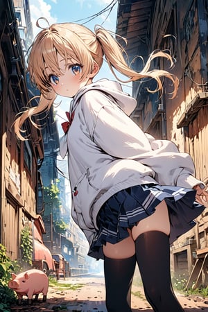 ((masterpiece)), ultra detailed, best quality, illustration, Beautiful eyes, detailed, background, scenery, stunning eyes, female, 1girl, slender, petite, creamy skin, cute, blonde hair, detailed hair, pig tails, skirt, white baggy hoodie,rinrinne, school_girl, thighhigh socks, seifuku, red bow, 