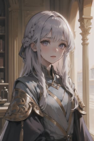 (beauty girl), (ultra-high picture quality), (masterpiece, best quality, highres:1.3), ultra resolution image, (1girl), (solo), female, Game of Thrones, purple eyes, silver-gold hair, flowing gown, slender, atheltic, delicate yet regal face, high cheekbones, a small nose,