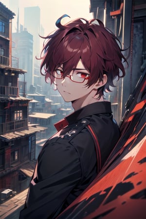  masterpiece, best quality, high quality, highres, official art, extremely detailed, ultra detailed, absurdres, detailed eyes, ((male, 1boy)), dark red hair, school, anime, slender, red eyes, scenery, background, glasses, messy hair with bangs,