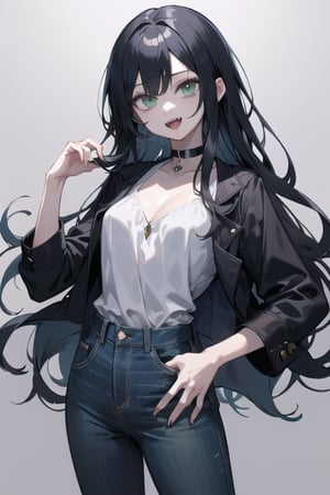 manga, anime, illustration, digital art, background, (masterpiece, best quality), female, emerald green eyes, black hair, long hair, (vampire), college student, slender figure, jeans, white blouse, silver choker, fangs, 