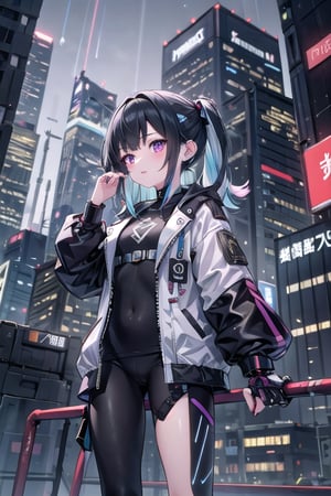 artoon, anime, illustration, digital art, background, (masterpiece, best quality), background, female, cyberpunk, black hair, multicolored_hair, augmented_body, ((cybernetics)), lone female, slender female, jacket, cyborg,robotskin, Mechanical modifications, highly detailed, textured hair, bangs, leggings, port on her neck, (augmented_limb)