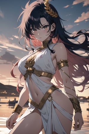 manga, anime, illustration, digital art, (masterpiece, best quality:1.2), (ultra detailed),(illustration), wallpaper, original, female, black hair, messy hair, anime_screencap, greek, greek_mythology, white chiton, long hair, red hair, wrath, lithe, athletic figure,midjourney,greek clothes