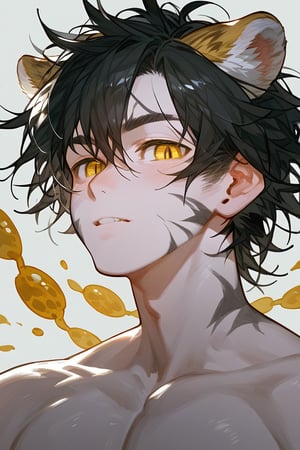 score_9_up, score_9, score_8_up, score_8, score_7, score_7_up, score_6_up, score_5_up, score_4_up, male, illustration, tiger ears, tiger tail, lean, messy hair, black hair, white skin,  slit pupils, yellow eyes,
