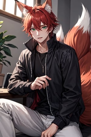 ((best quality)), ((masterpiece)), (detailed), male, 1_boy, sharp eyes, fox ears, sly, fox, red hair, modern clothing, green eyes, casual, fos tails, ,