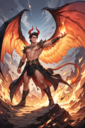 score_9_up, score_9, score_8_up, score_8, score_7, score_7_up, score_6_up, score_5_up, score_4_up, (male), illustration, cinematic, eyes, detailed, extremely detailed, black hair, demon, regal horns, wings, black feathered wings, burning feathered wings, masculine male, refined, handsome , BREAK source_anime,