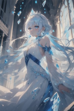 {{masterpiece}}, {{ultra detailed}}, {ultra quality}, {dramatic shadows}, {cinematic lighting}, intricate expression, princess, blue white hair set in perfect princess curls. blue white eyes, athletic, button nose, slender, pale skin ,portrait, royalty, icicles, ice, frost, emotion,