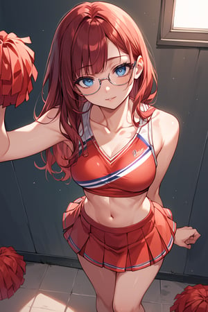 score_9_up, score_9, score_8_up, score_8, score_7, score_7_up, score_6_up, score_5_up, score_4_up, female, illustration, high contrast, low saturation, beautiful, cinematic, colourful lighting, dark red hair, red hair, glasses, petite, long hair, blue eyes, cheerleader, college, BREAK,source_anime,Beautiful eyes,Eyes, blue eyes,